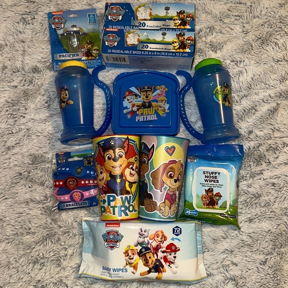 Paw Patrol Kids Lunch & Hygiene Bundle Wipes Cups Sandwich Bags Pacifier Lot